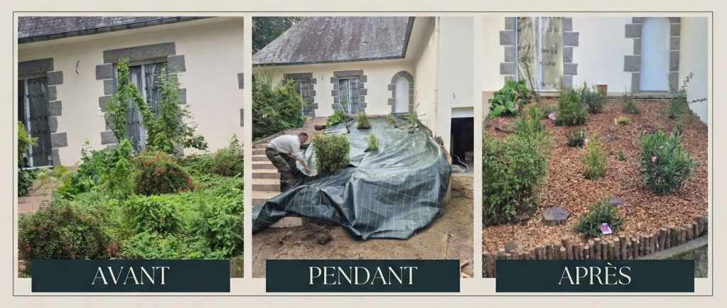 Transformation de jardin avant après : aménagement d'un massif paysager à Plélan-le-Grand